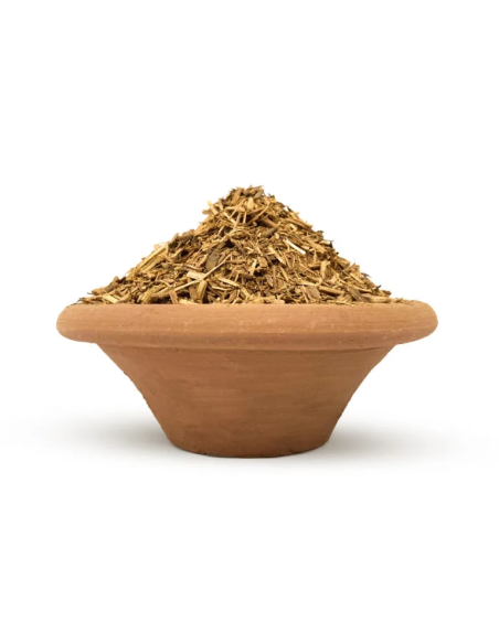 Ayahuasca rouge (Banisteriopsis muricata) – liane broyée d’Équateur – liane broyée dans un bol en terre cuite
