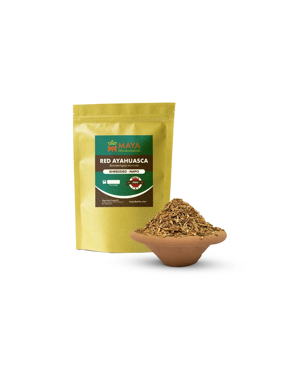 Ayahuasca rouge (Banisteriopsis muricata) – liane broyée, Napo, Pérou – sachet étiqueté et bol en terre cuite