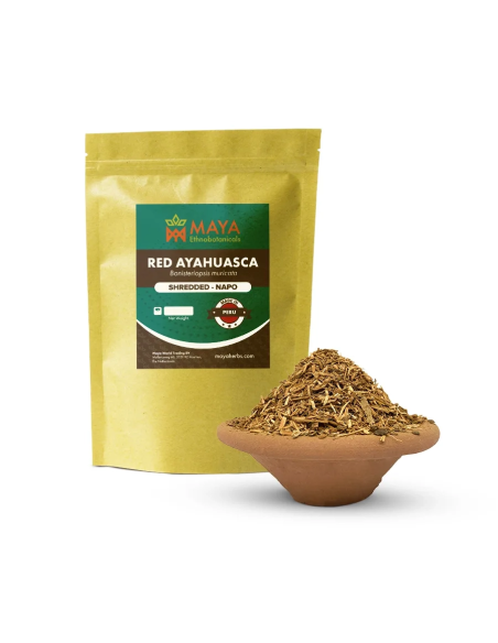 Ayahuasca rouge (Banisteriopsis muricata) – liane broyée, Napo, Pérou – sachet étiqueté et bol en terre cuite