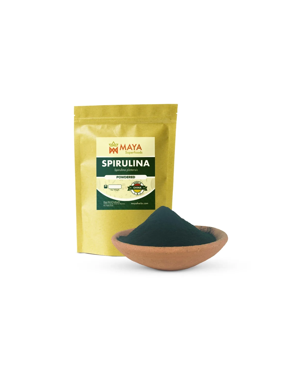 Spiruline – Spirulina platensis – sachet Maya Superfoods et poudre dans une coupelle