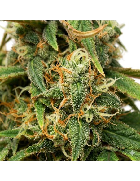 Graines Amnesia Lemon Auto – Just Seeds – gros plan sur une fleur de cannabis, illustration