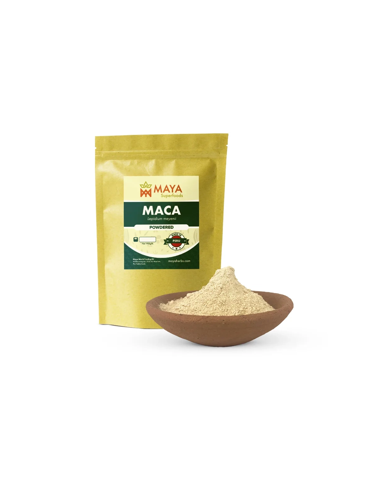 Maca – Lepidium meyenii – sachet Maya Superfoods et poudre de racine dans un bol