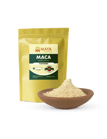 Maca – Lepidium meyenii – sachet Maya Superfoods et poudre de racine dans un bol