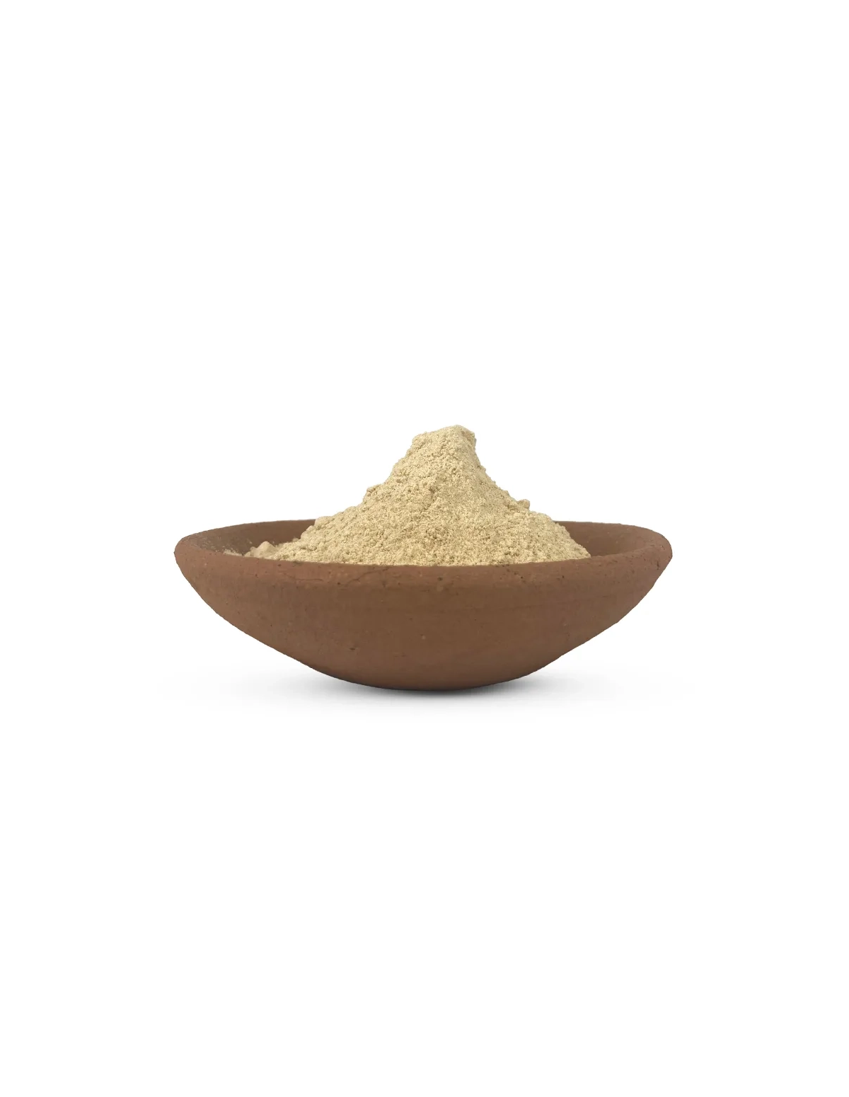 Maca – Lepidium meyenii – poudre de racine dans un bol en terre cuite