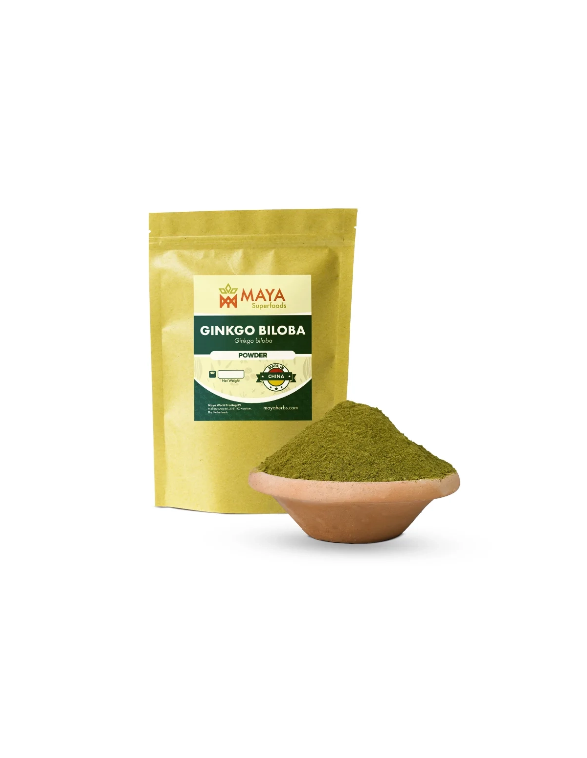 Ginkgo (Ginkgo biloba) – sachet Maya Superfoods et poudre de feuille dans un bol en terre cuite