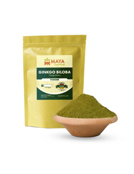 Ginkgo (Ginkgo biloba) – sachet Maya Superfoods et poudre de feuille dans un bol en terre cuite