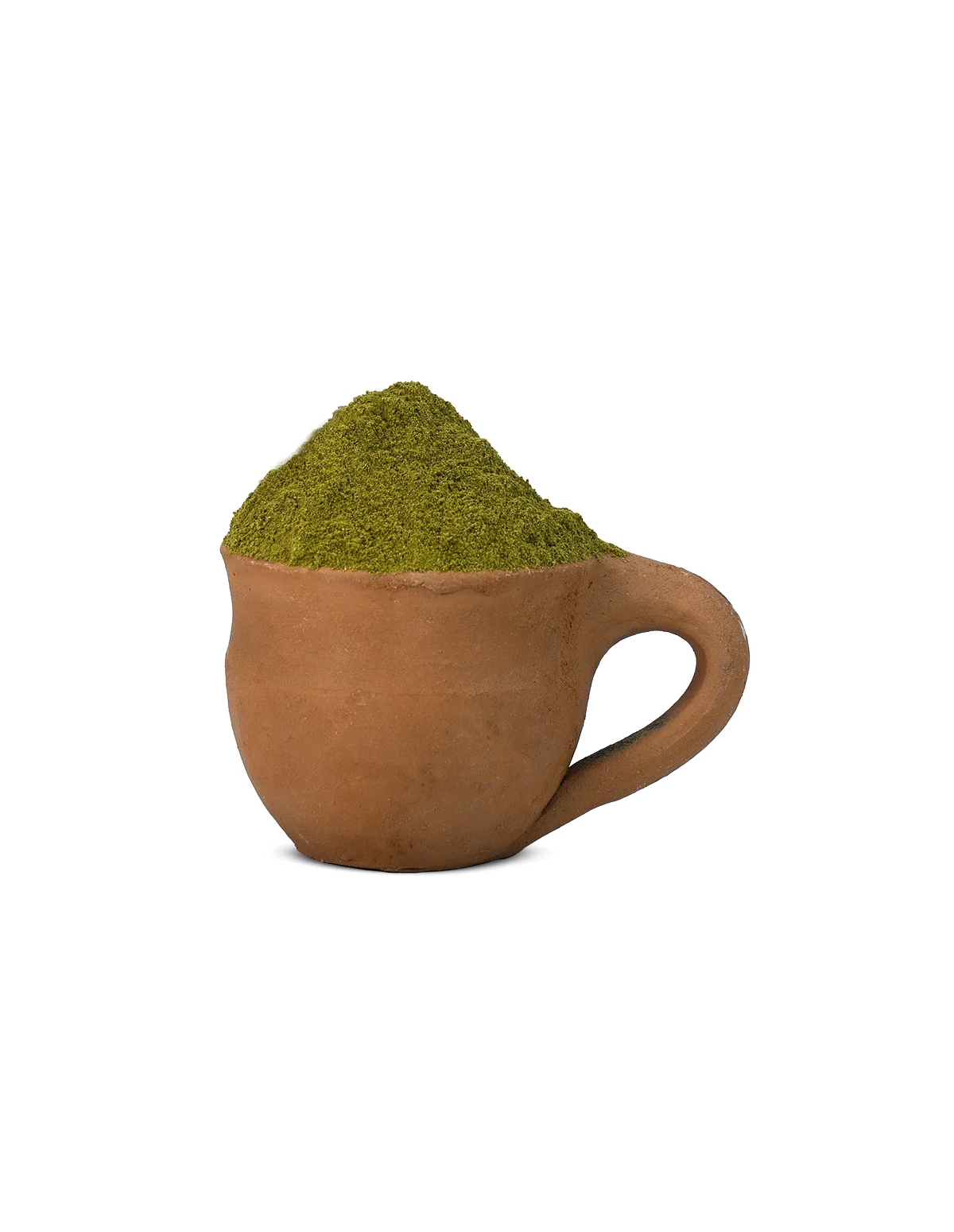 Ginkgo (Ginkgo biloba) – poudre de feuille dans une tasse en terre cuite