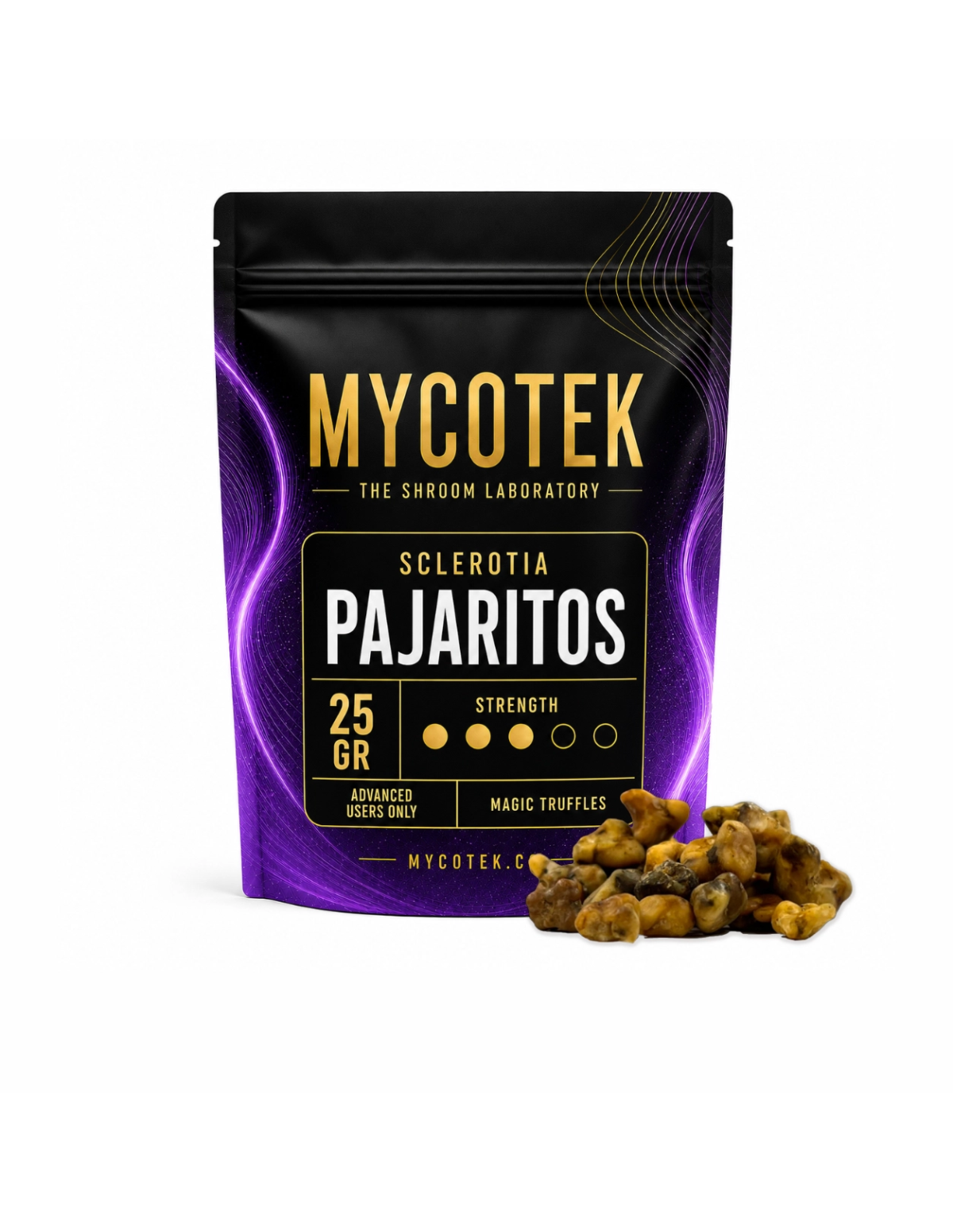 Truffes magiques Psilocybe Pajaritos – Mycotek – sachet de 25 g et truffes posées à côté