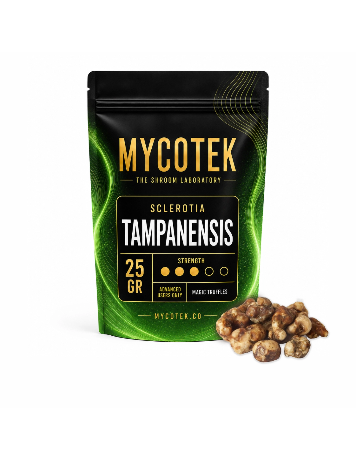 Truffes magiques Psilocybe Tampanensis – Mycotek – sachet de 25 g et truffes à côté
