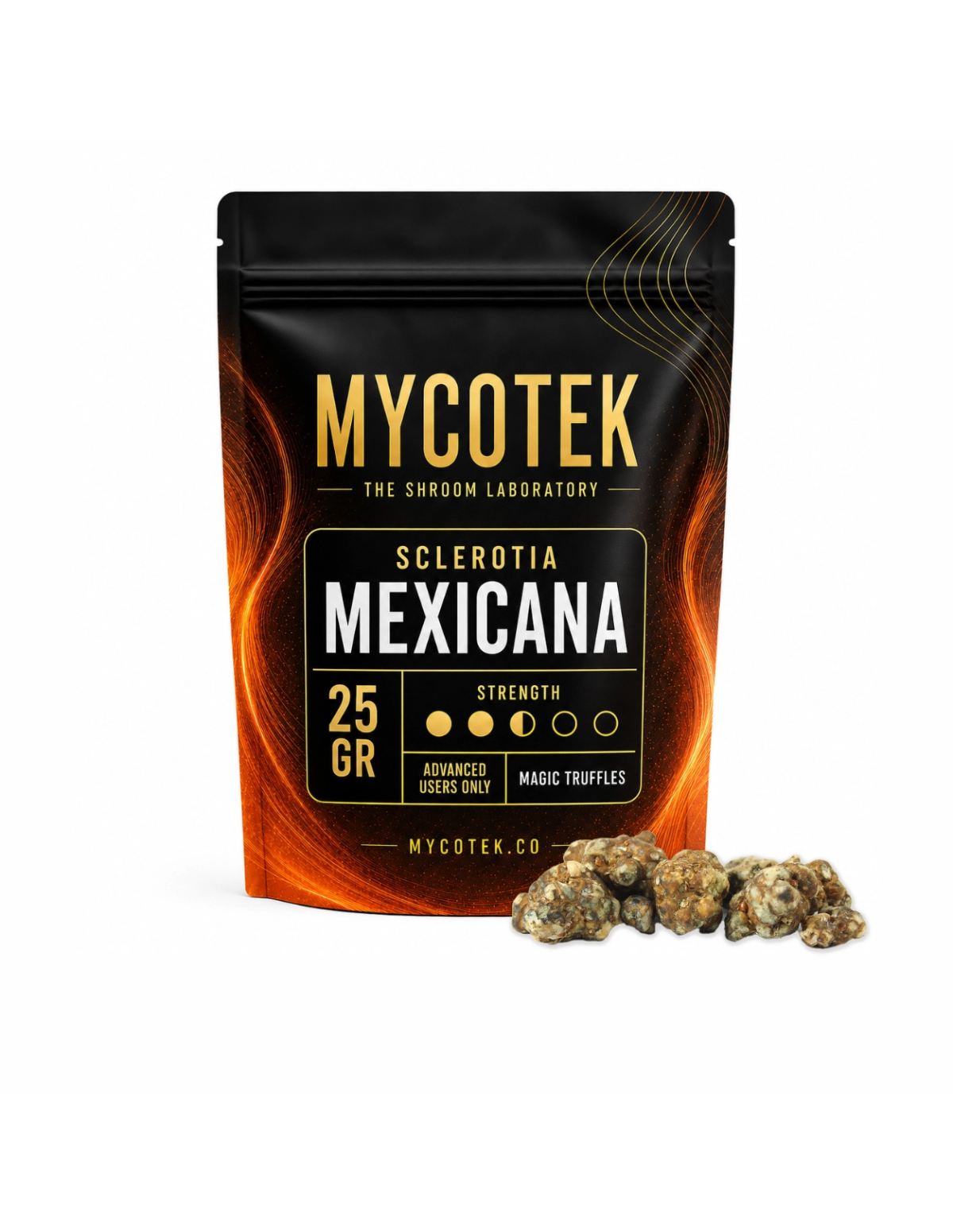 Truffes magiques Mycotek – truffes en vrac à côté d’un sachet Mycotek