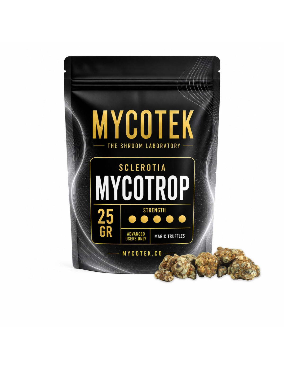 Truffes magiques Psilocybe Mycotrop – Mycotek – sachet de 25 g et truffes posées à côté