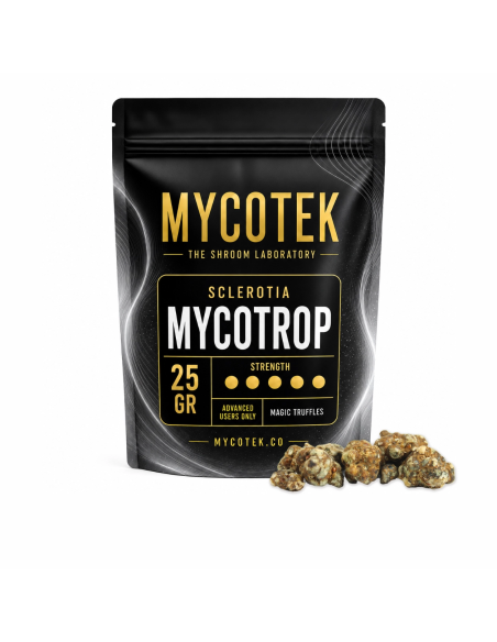 Truffes magiques Psilocybe Mycotrop – Mycotek – sachet de 25 g et truffes posées à côté