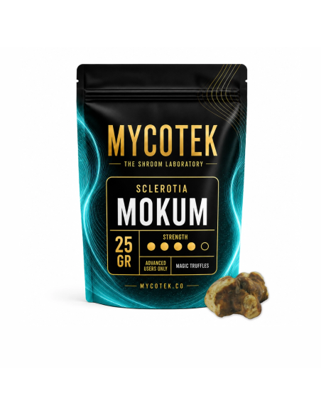 Truffes magiques Psilocybe Mokum – Mycotek – sachet de 25 g et une truffe posée à côté