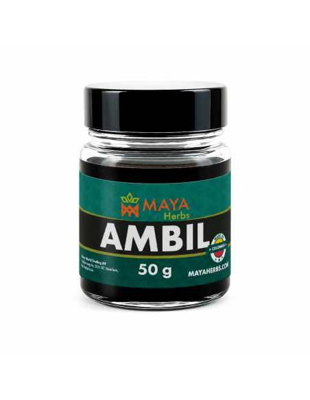Pâte d’ambil Huitoto de Colombie – Résine de tabac rustica, 50 g – pot en verre étiqueté, vue de face
