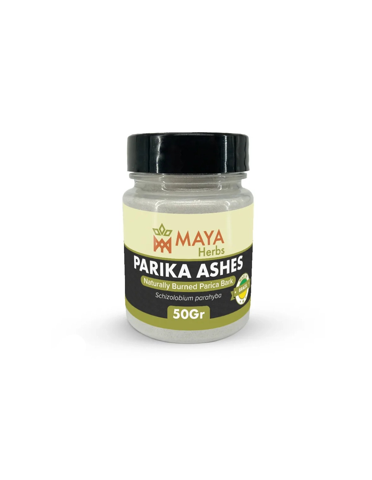 Cendre d’écorce de parica du Brésil – Poudre, Schizolobium parahyba – pot étiqueté de 50 g, vue de face