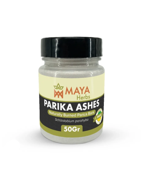 Cendre d’écorce de parica du Brésil – Poudre, Schizolobium parahyba – pot étiqueté de 50 g, vue de face