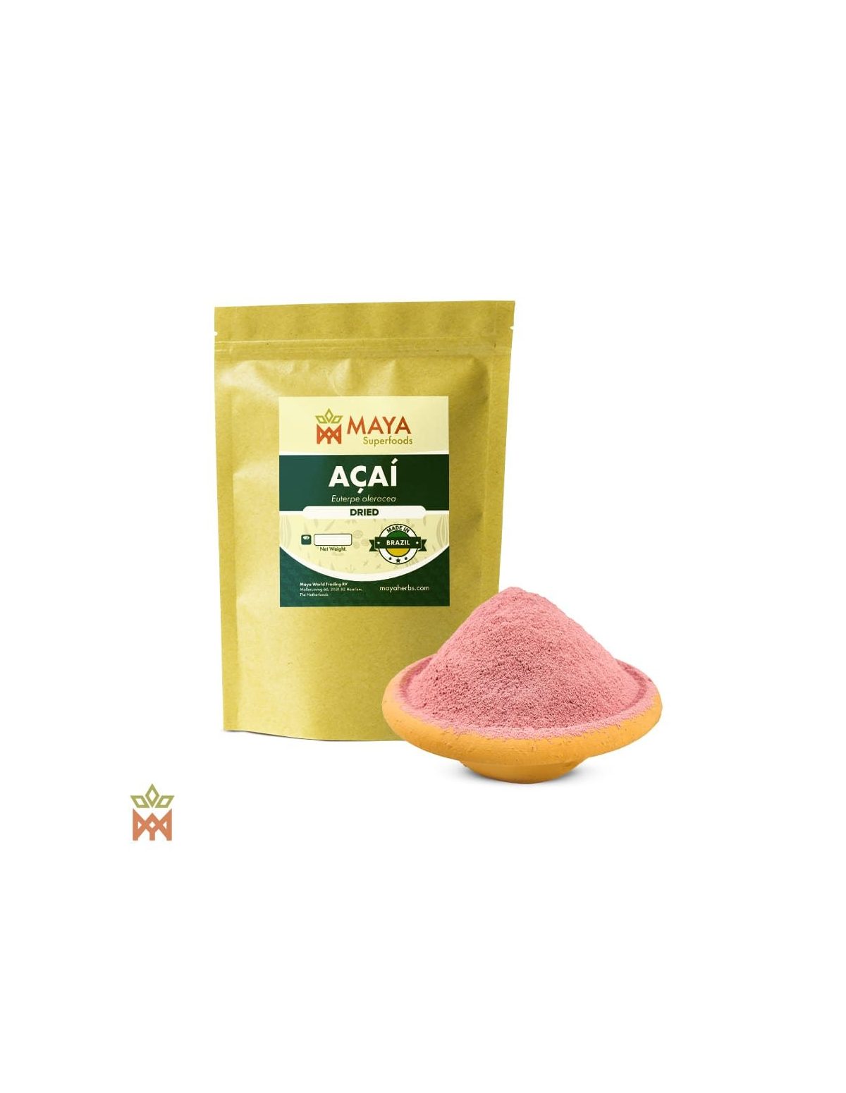 Açaï du Brésil (Euterpe oleracea) – sachet Maya Superfoods et poudre de fruit rose violacé dans une coupelle jaune