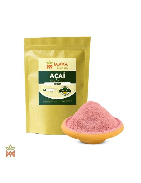 Açaï du Brésil (Euterpe oleracea) – sachet Maya Superfoods et poudre de fruit rose violacé dans une coupelle jaune