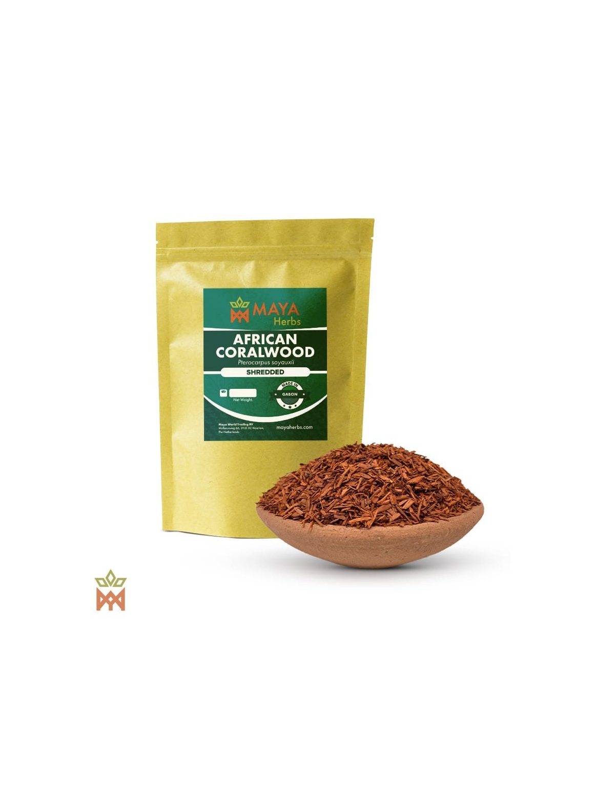 Bois corail africain (Pterocarpus soyauxii) – sachet Maya Herbs et bois râpé rouge orangé dans une coupelle en terre cuite