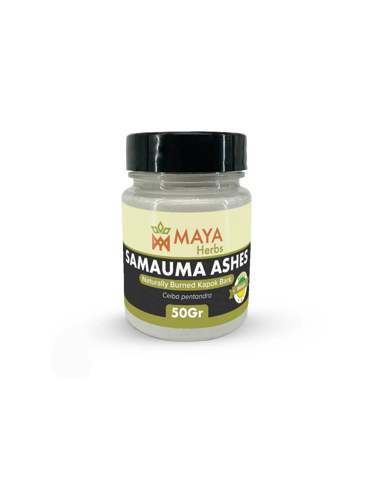 Cendre d’écorce de samauma du Brésil – Poudre, Ceiba pentandra – pot étiqueté, vue de face