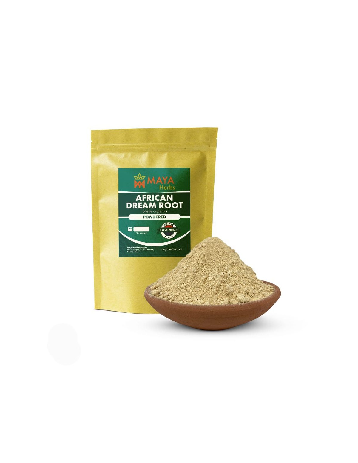 Racine de rêve africaine (Silene capensis) – poudre, Afrique du Sud – sachet Maya Herbs et bol