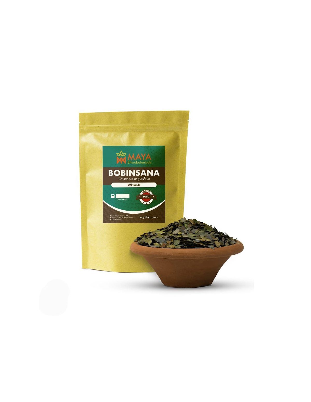 Bobinsana du Pérou – Feuilles entières, Calliandra angustifolia – sachet étiqueté et bol de feuilles