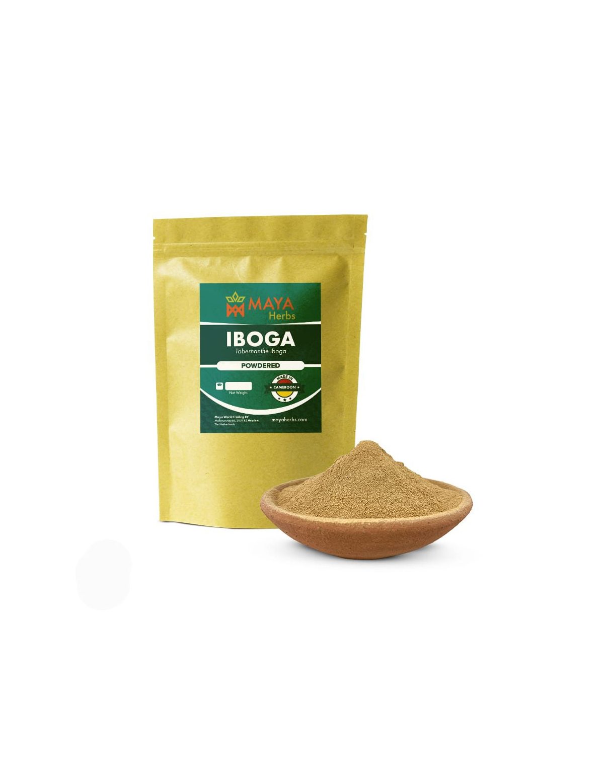 Iboga (Tabernanthe iboga) – sachet Maya Herbs et poudre d’écorce de racine dans un bol en terre cuite