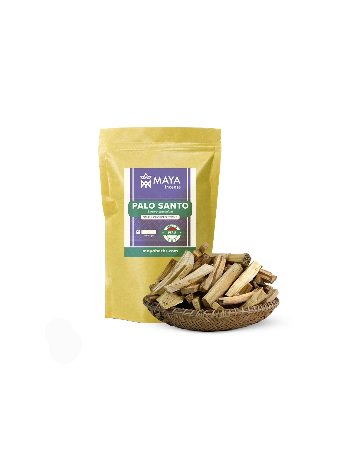 Palo santo du Pérou – Petits bâtonnets coupés, Bursera graveolens – sachet étiqueté et corbeille de bâtonnets