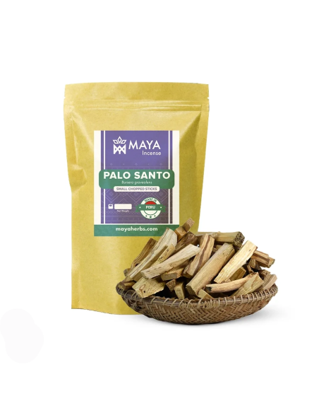 Palo santo du Pérou – Petits bâtonnets coupés, Bursera graveolens – sachet étiqueté et corbeille de bâtonnets