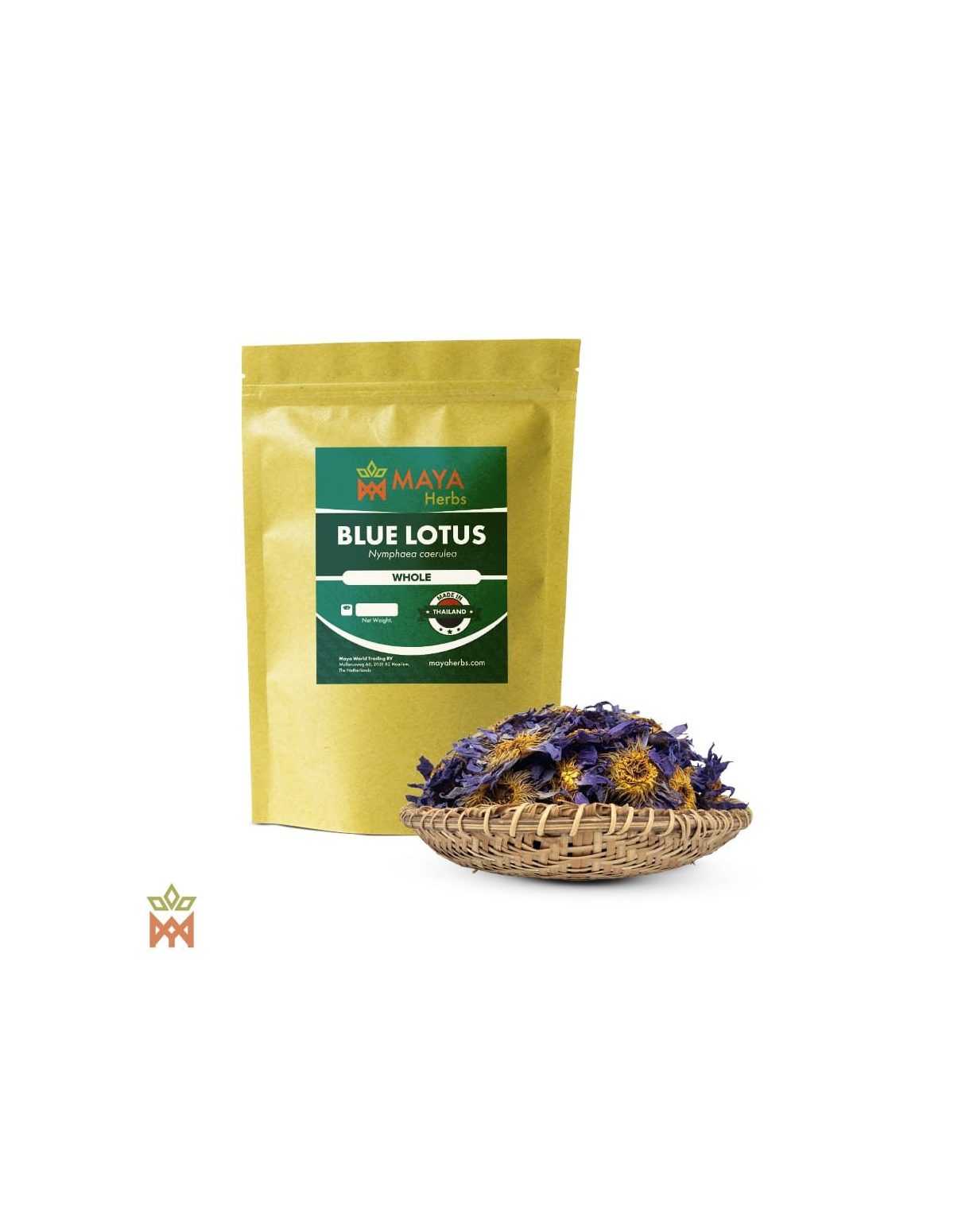 Lotus bleu (Nymphaea caerulea) – sachet Maya Herbs et fleurs entières séchées dans un panier tressé