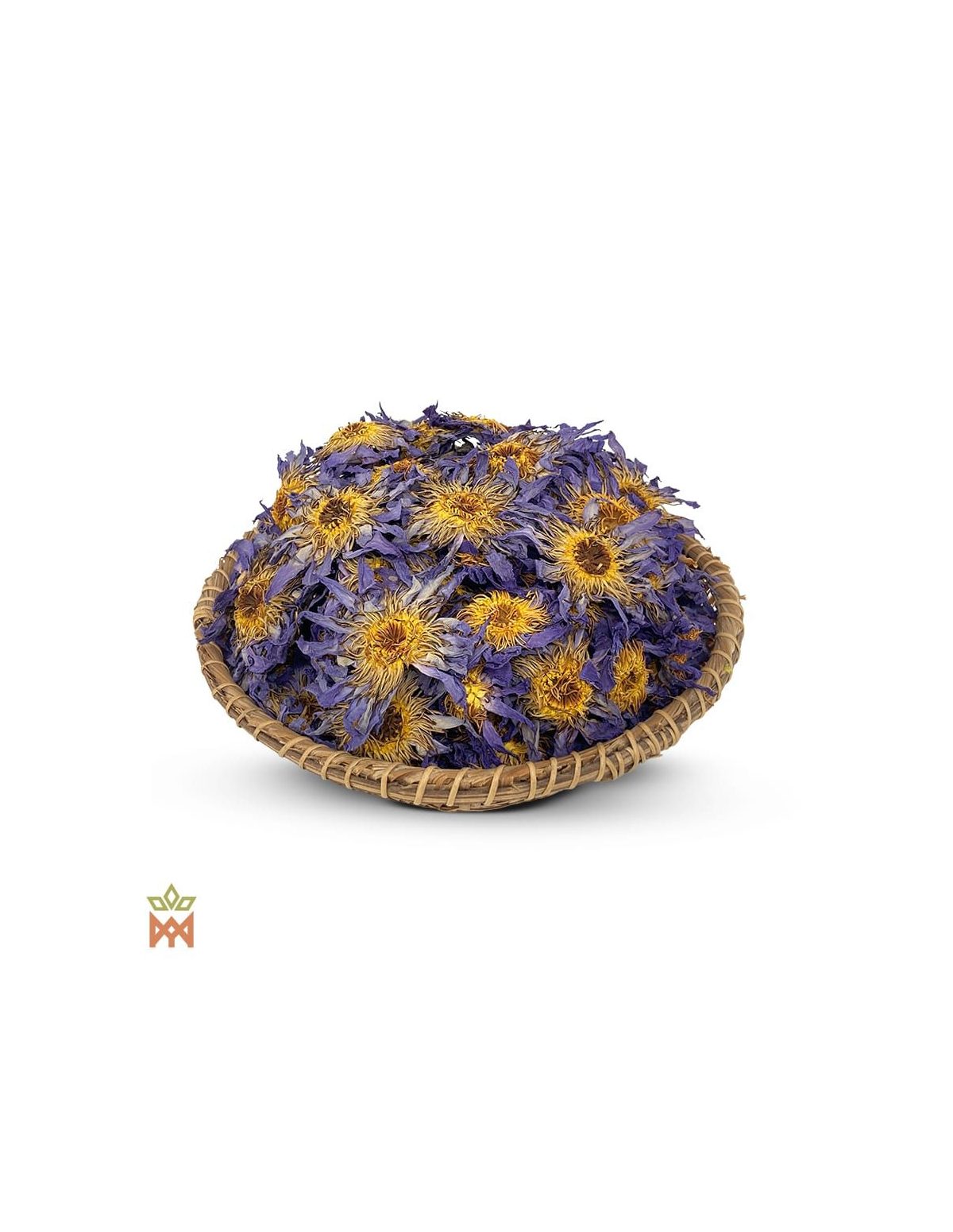 Lotus bleu (Nymphaea caerulea) – fleurs entières séchées dans un panier tressé