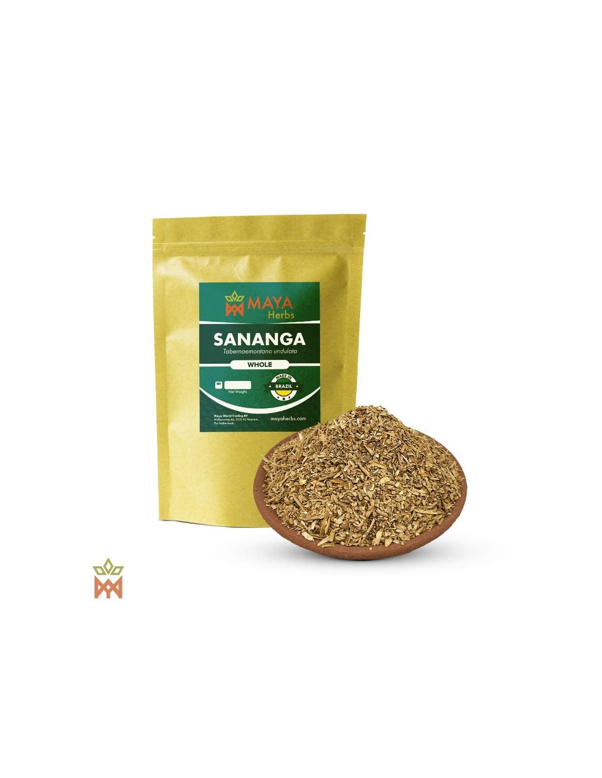 Sananga Katukina (Tabernaemontana undulata) – sachet Maya Herbs et écorce effilochée sur une coupelle en terre cuite