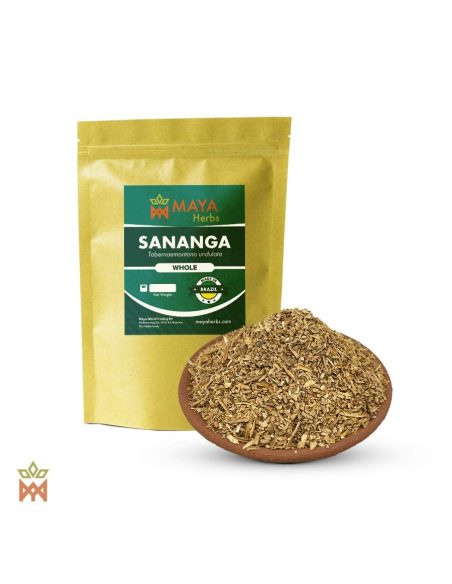 Sananga Katukina (Tabernaemontana undulata) – sachet Maya Herbs et écorce effilochée sur une coupelle en terre cuite