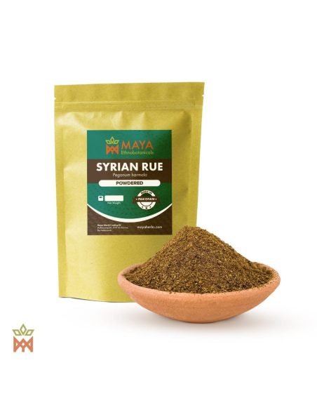 Rue de Syrie du Pakistan – Graines en poudre, Peganum harmala – sachet étiqueté et bol de graines moulues