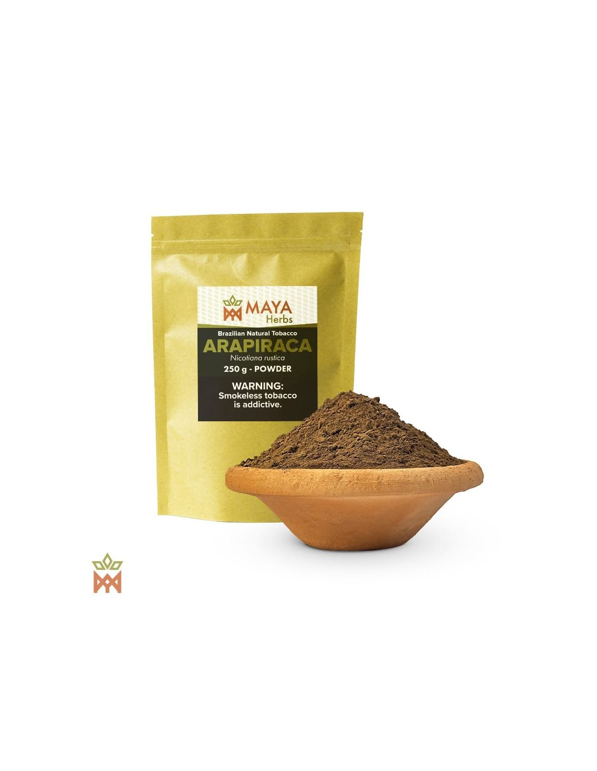 Mapacho Arapiraca du Brésil – Feuille en poudre, Nicotiana rustica – sachet kraft étiqueté et coupelle de poudre