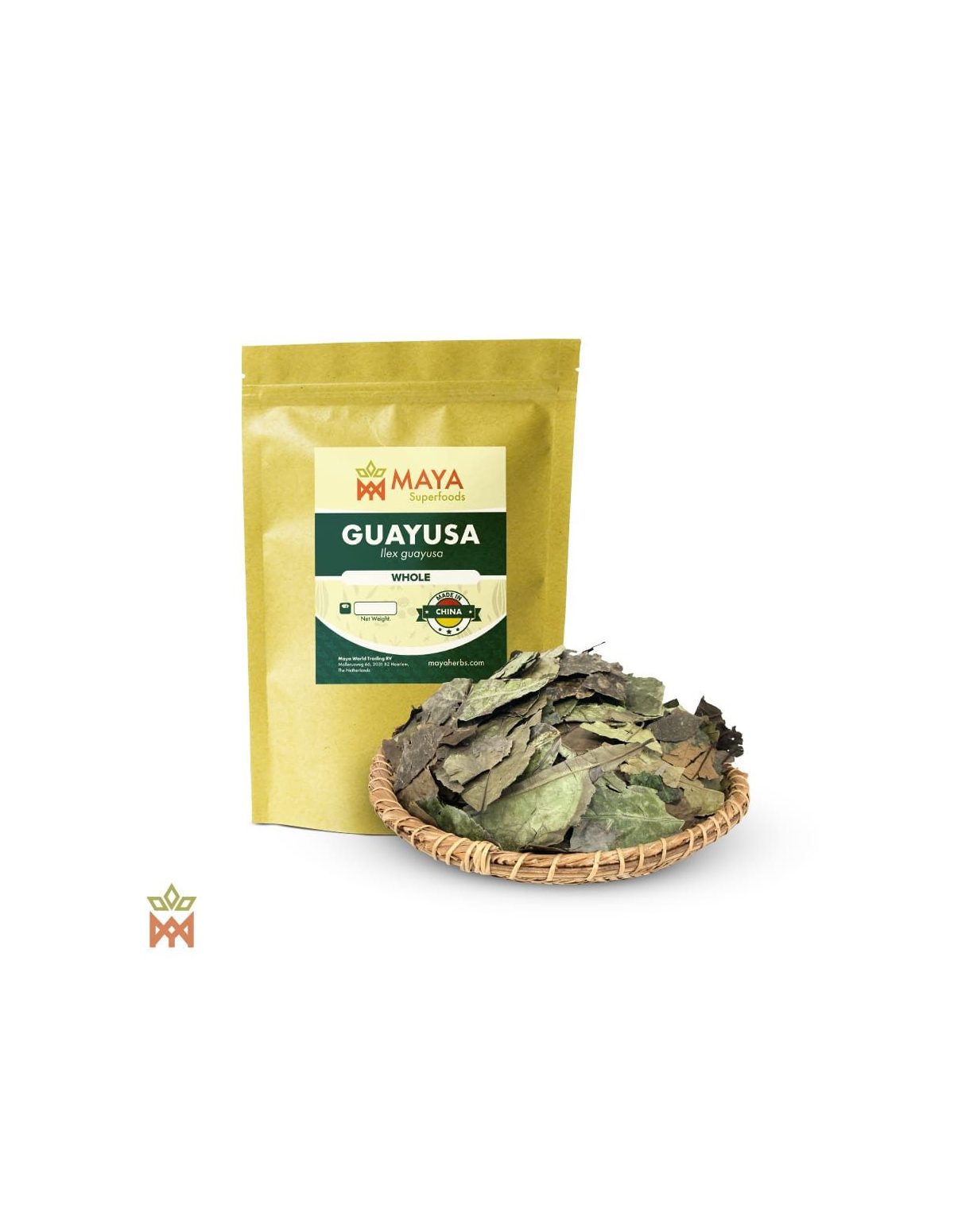 Guayusa d’Équateur (Ilex guayusa) – sachet Maya Herbs et feuilles entières sur un plateau tressé