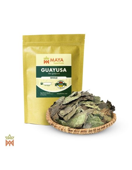 Guayusa d’Équateur (Ilex guayusa) – sachet Maya Herbs et feuilles entières sur un plateau tressé