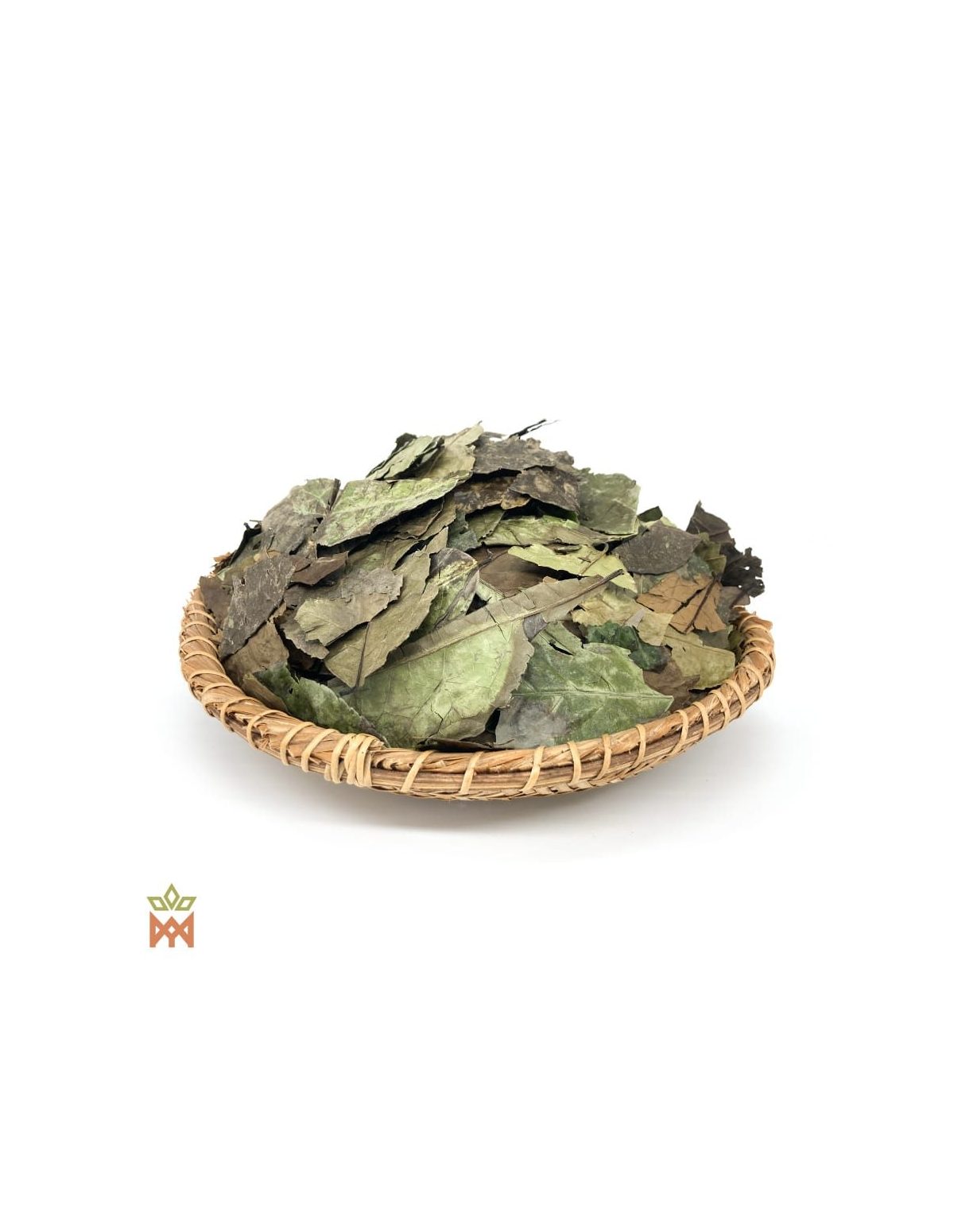 Guayusa d’Équateur (Ilex guayusa) – feuilles entières sur un plateau tressé, vue plongeante