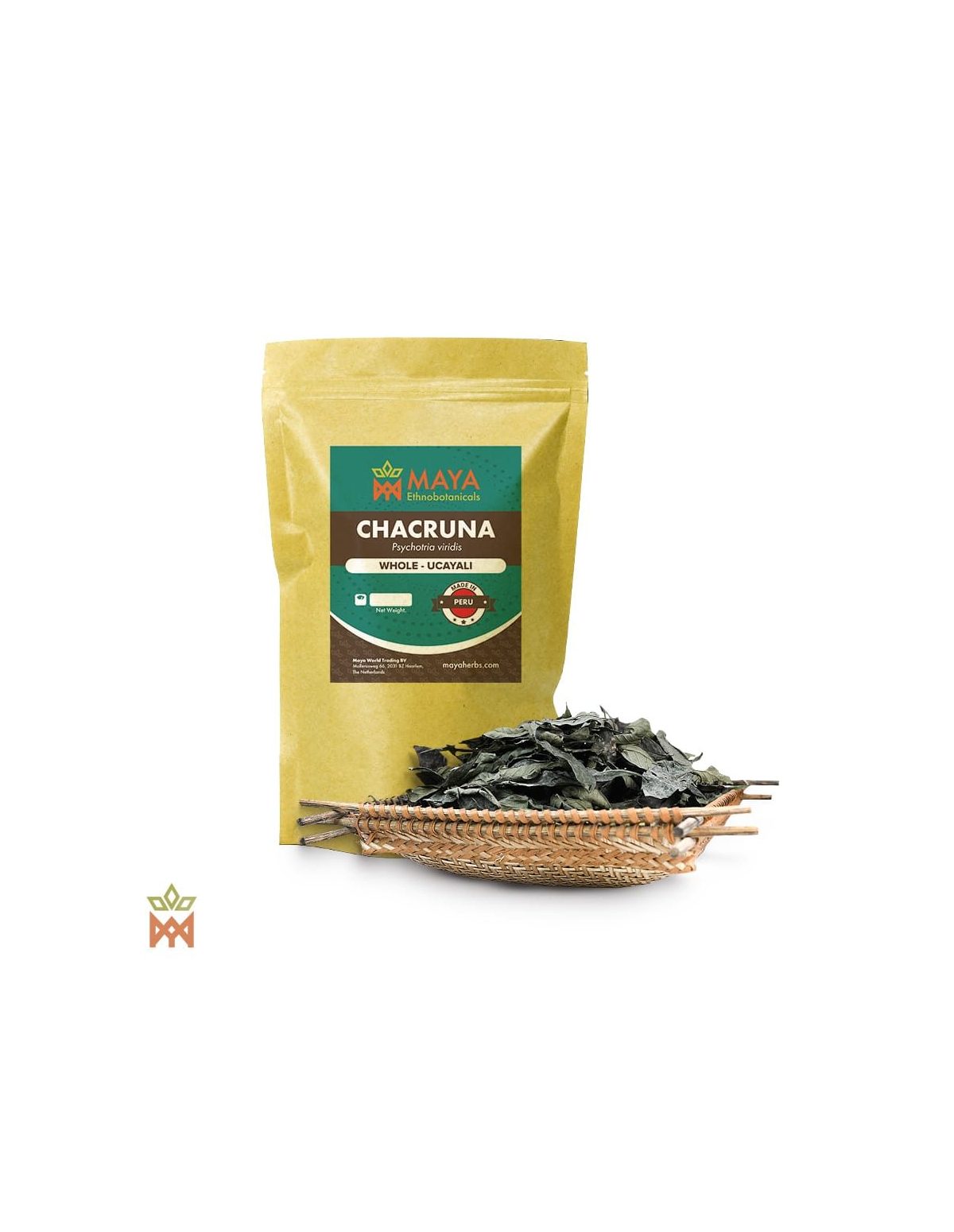 Chacruna d’Ucayali, Pérou – Feuilles entières, Psychotria viridis – sachet étiqueté et plateau tressé de feuilles