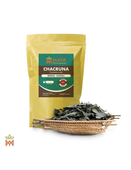 Chacruna d’Ucayali, Pérou – Feuilles entières, Psychotria viridis – sachet étiqueté et plateau tressé de feuilles