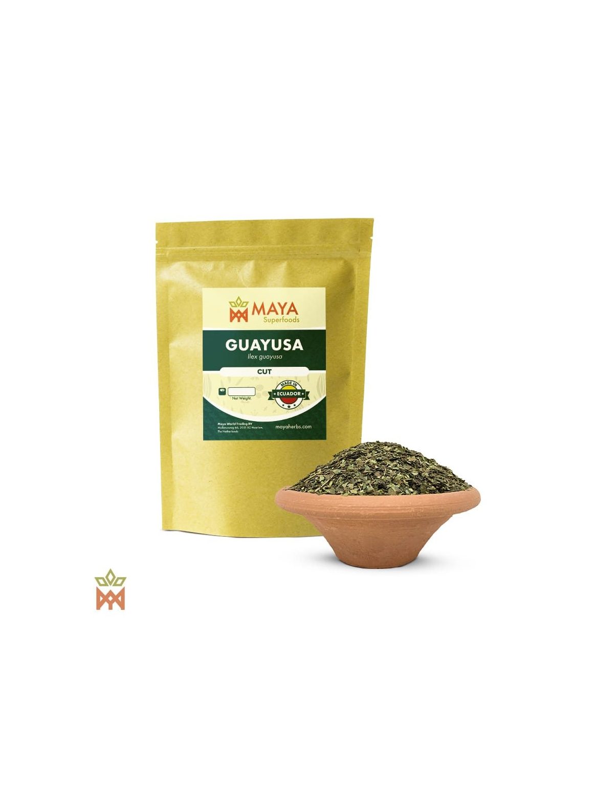 Guayusa d’Équateur (Ilex guayusa) – sachet Maya Herbs « Cut » et feuilles coupées dans un bol en terre cuite