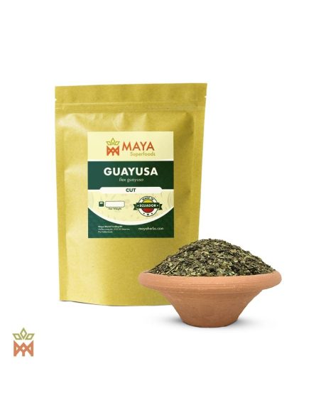 Guayusa d’Équateur (Ilex guayusa) – sachet Maya Herbs « Cut » et feuilles coupées dans un bol en terre cuite