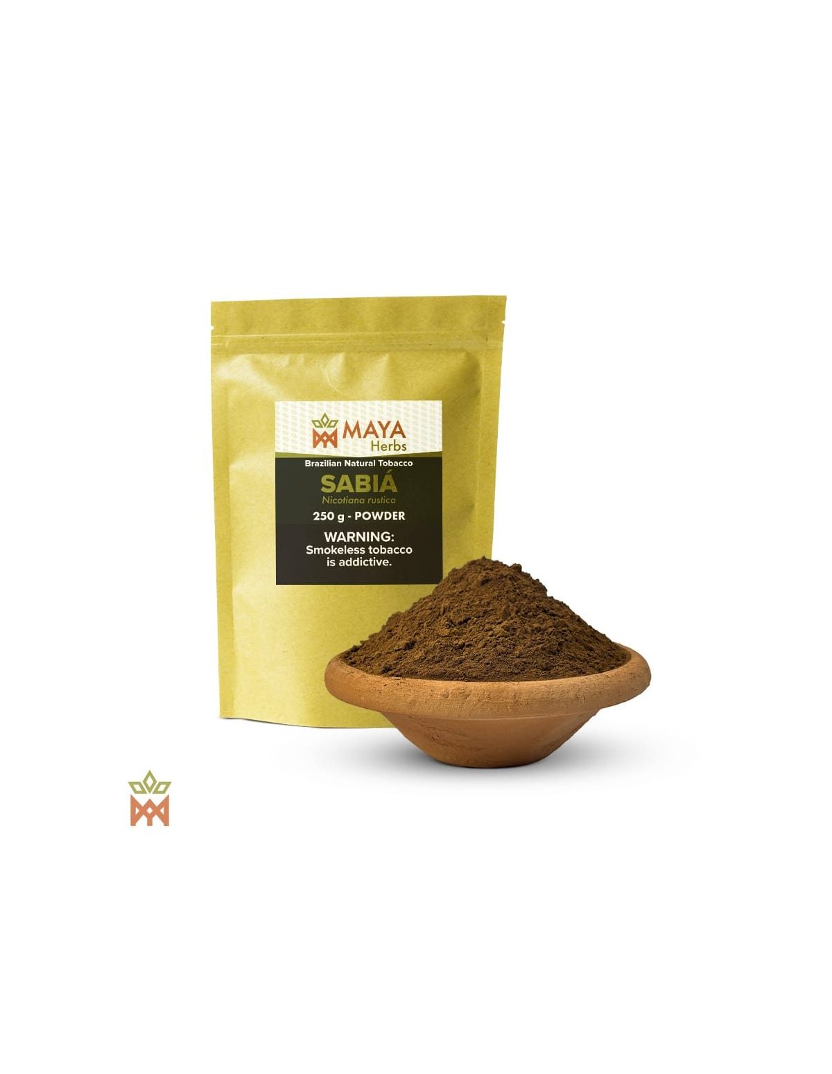 Mapacho Sabiá du Brésil – Poudre fine de feuille, Nicotiana rustica – sachet kraft étiqueté et coupelle de poudre