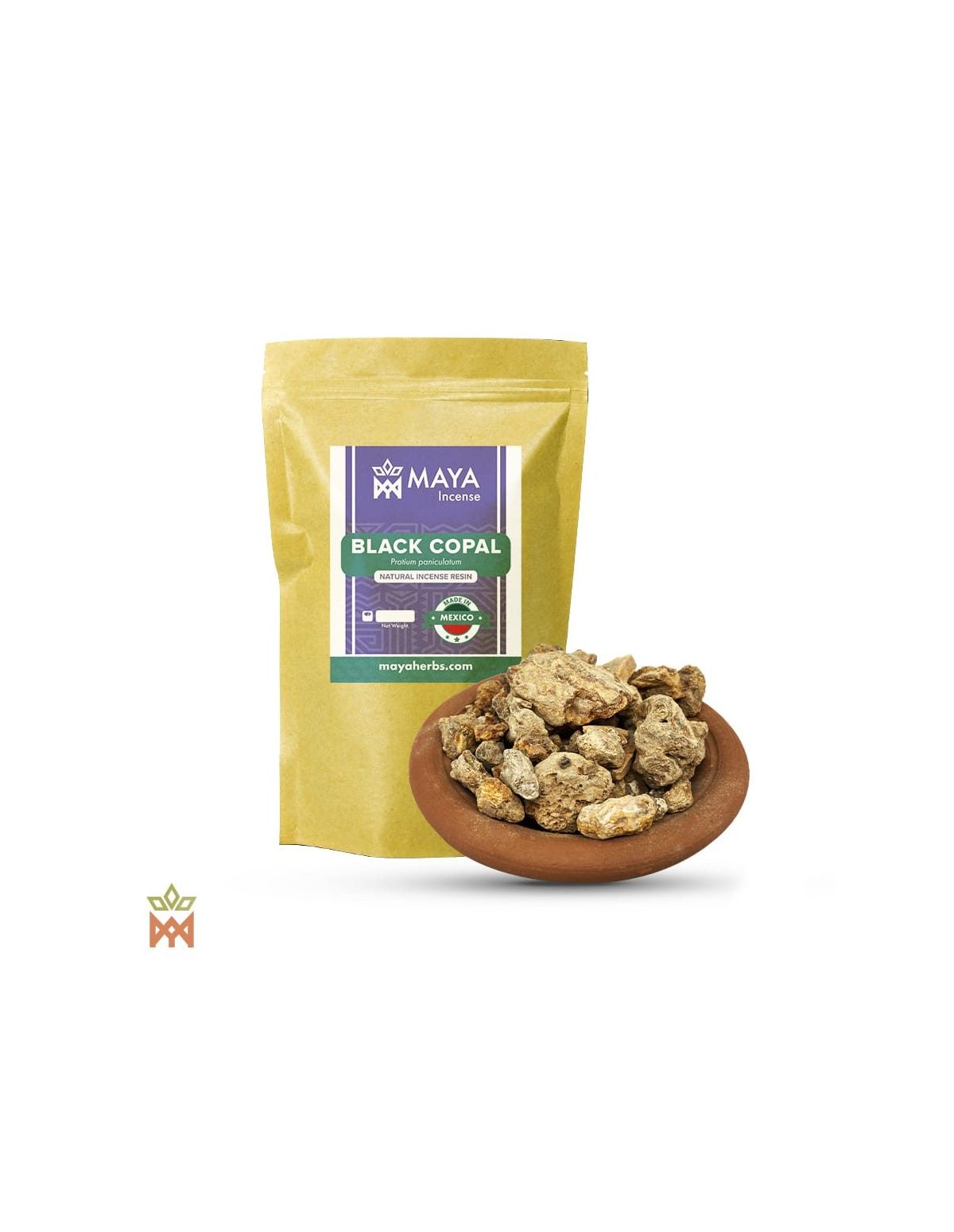 Copal noir du Mexique – Résine d’encens de sève, Protium paniculatum – sachet étiqueté et coupelle de morceaux de résine