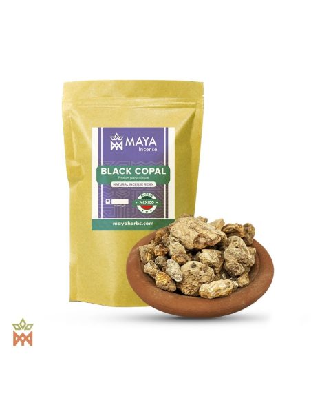 Copal noir du Mexique – Résine d’encens de sève, Protium paniculatum – sachet étiqueté et coupelle de morceaux de résine