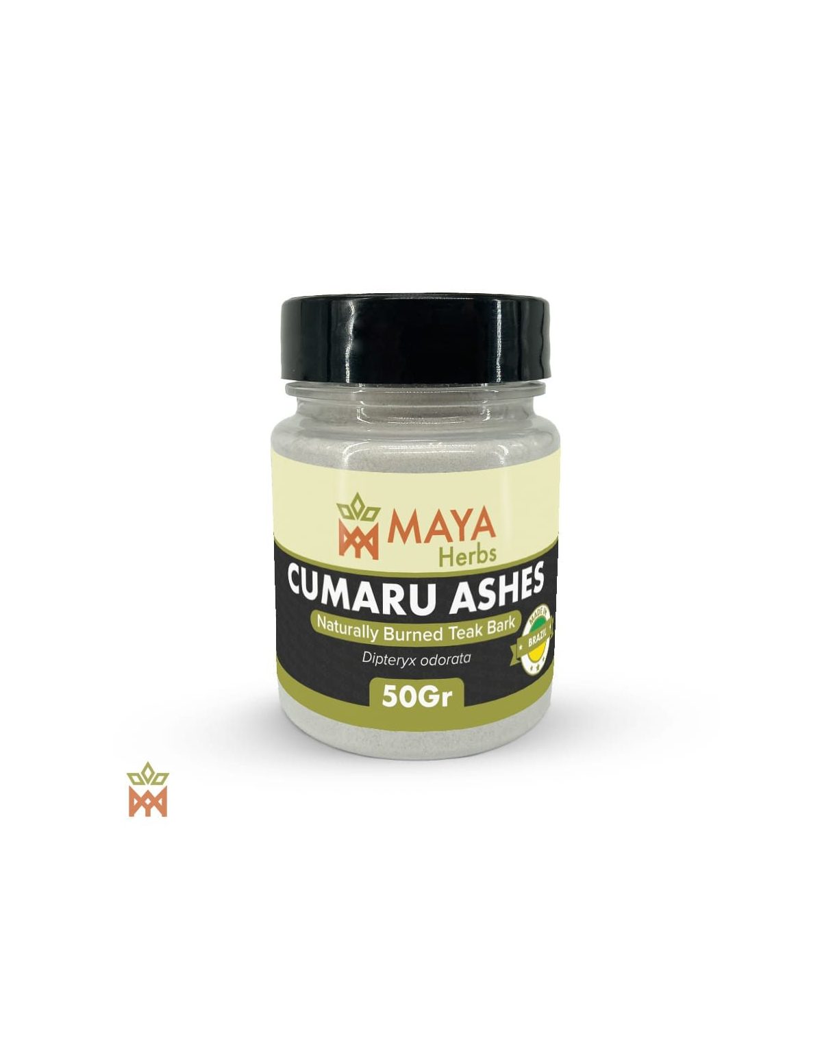 Cumaru du Brésil – Cendre d’écorce en poudre, Dipteryx odorata – pot étiqueté, vue de face