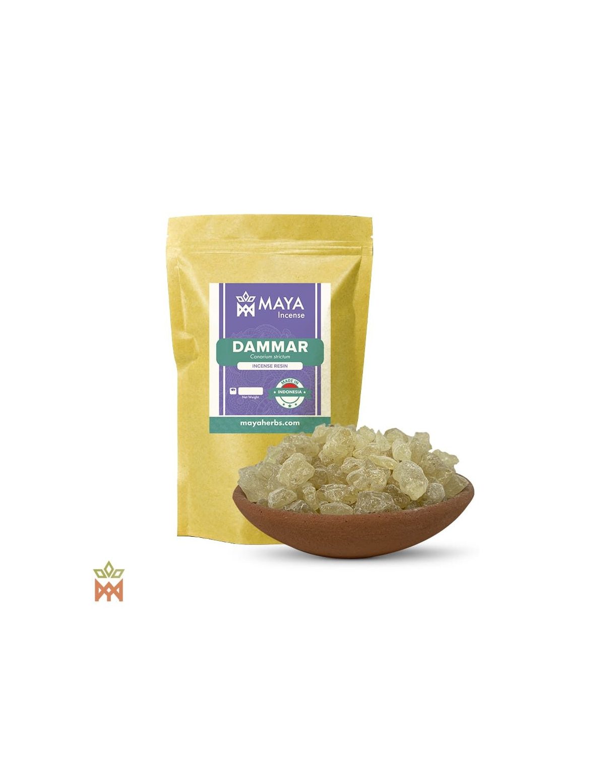 Dammar d’Indonésie – Résine d’encens de sève, Canarium strictum – sachet étiqueté et bol de morceaux de dammar