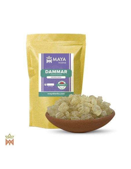 Dammar d’Indonésie – Résine d’encens de sève, Canarium strictum – sachet étiqueté et bol de morceaux de dammar