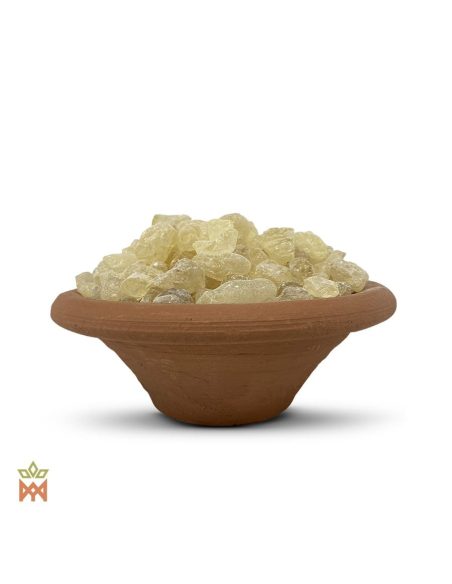 Dammar d’Indonésie – Résine d’encens de sève, Canarium strictum – morceaux de résine dans un bol en terre cuite, vue de côté