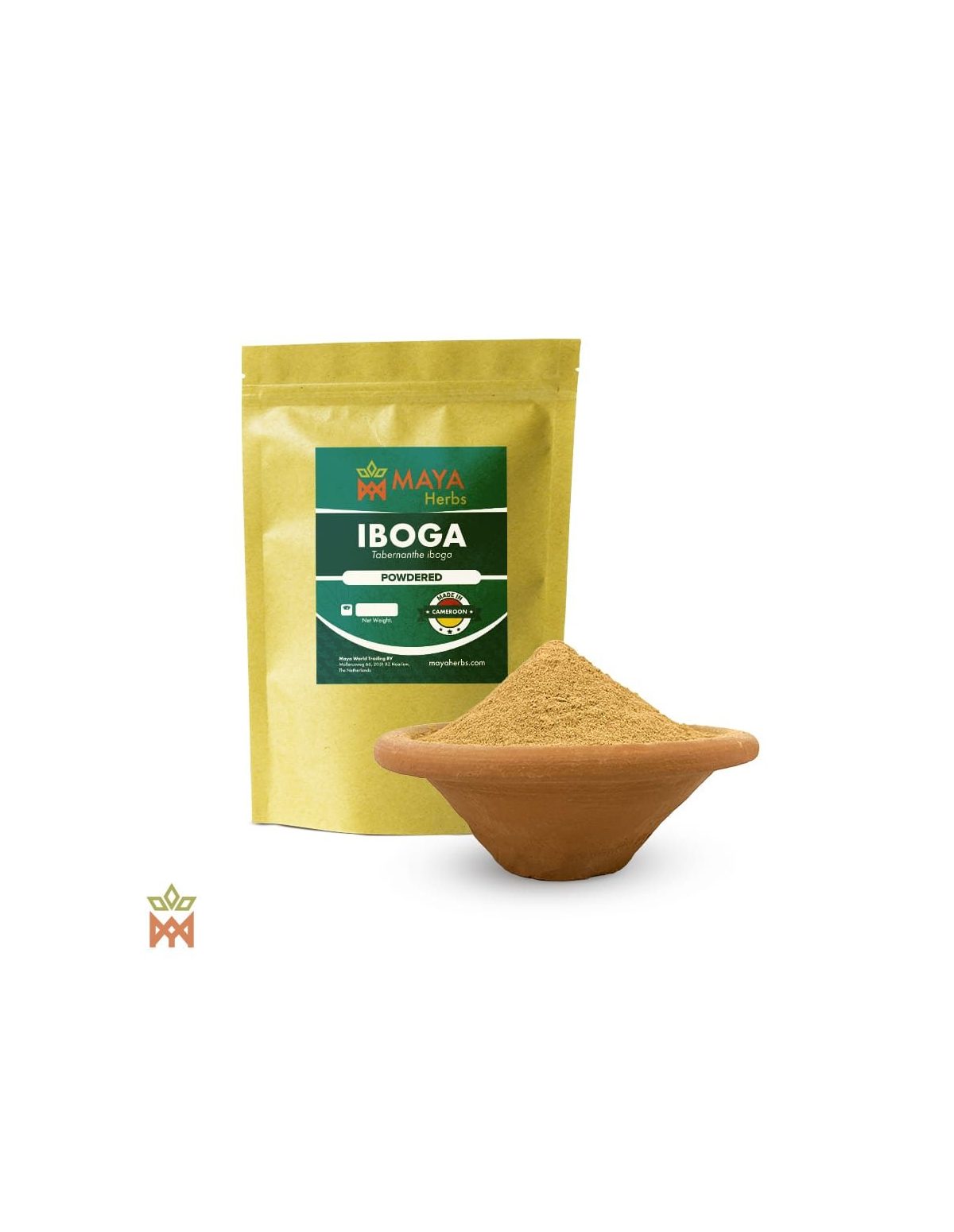 Poudre de racine d’iboga (Tabernanthe iboga) – sachet Maya Herbs et coupe de poudre fine